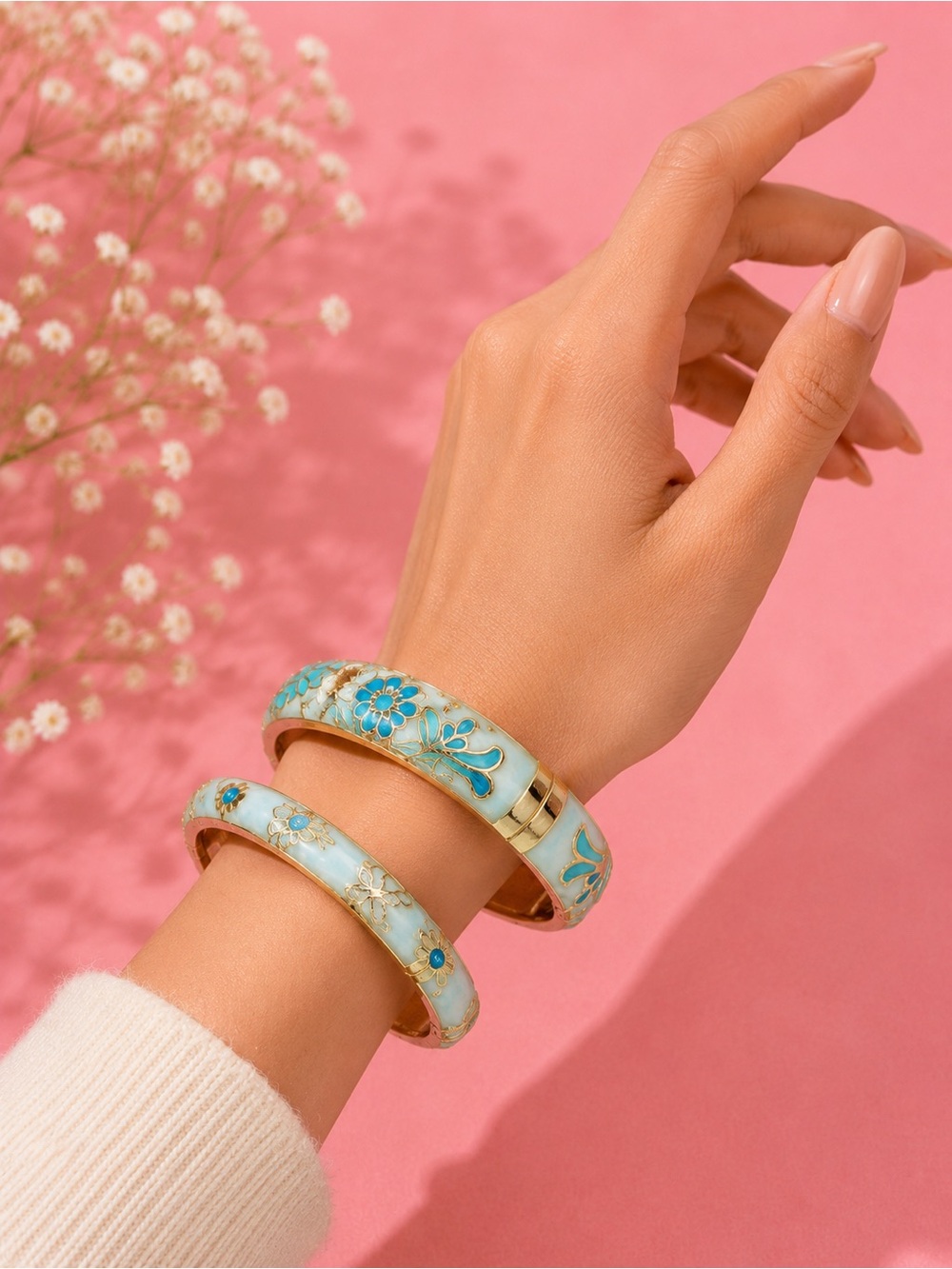 Blue Floral Enamel Bangle Bracelet Set